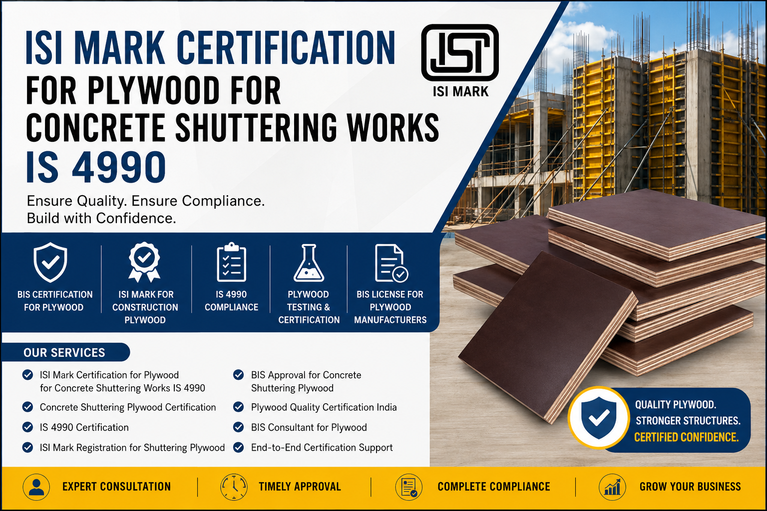 ISI Mark Certification for Plywood for Concrete Shuttering Works IS 4990